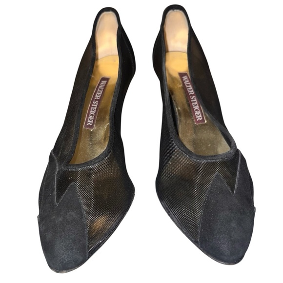 EUC Walter Steiger Elegant Black Mesh Suede Leather Pumps Heels Size 8 Classic - Picture 1 of 7